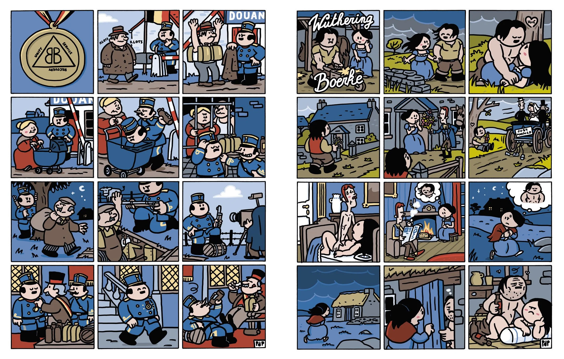 Een stripverhaal over het leven en de oorlog, met scenes van paramilitaire activiteiten, politie en oorlogssituaties, romantische momenten, en alledaagse taferelen in een dorp, afgebeeld in een cartoonstijl met blauwe uniformen en scènes van vreugde, verdriet en rust.