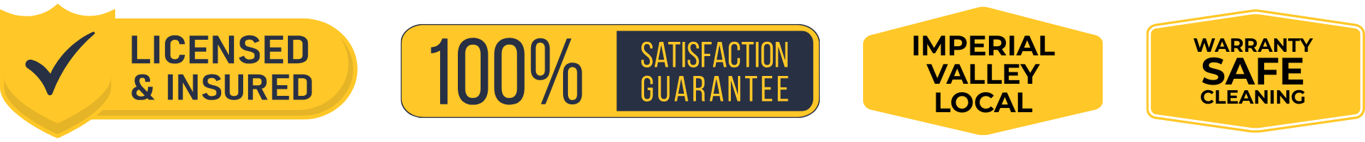 Yellow and black labels with phrases promoting insurance, satisfaction guarantee, location, and cleaning safety.