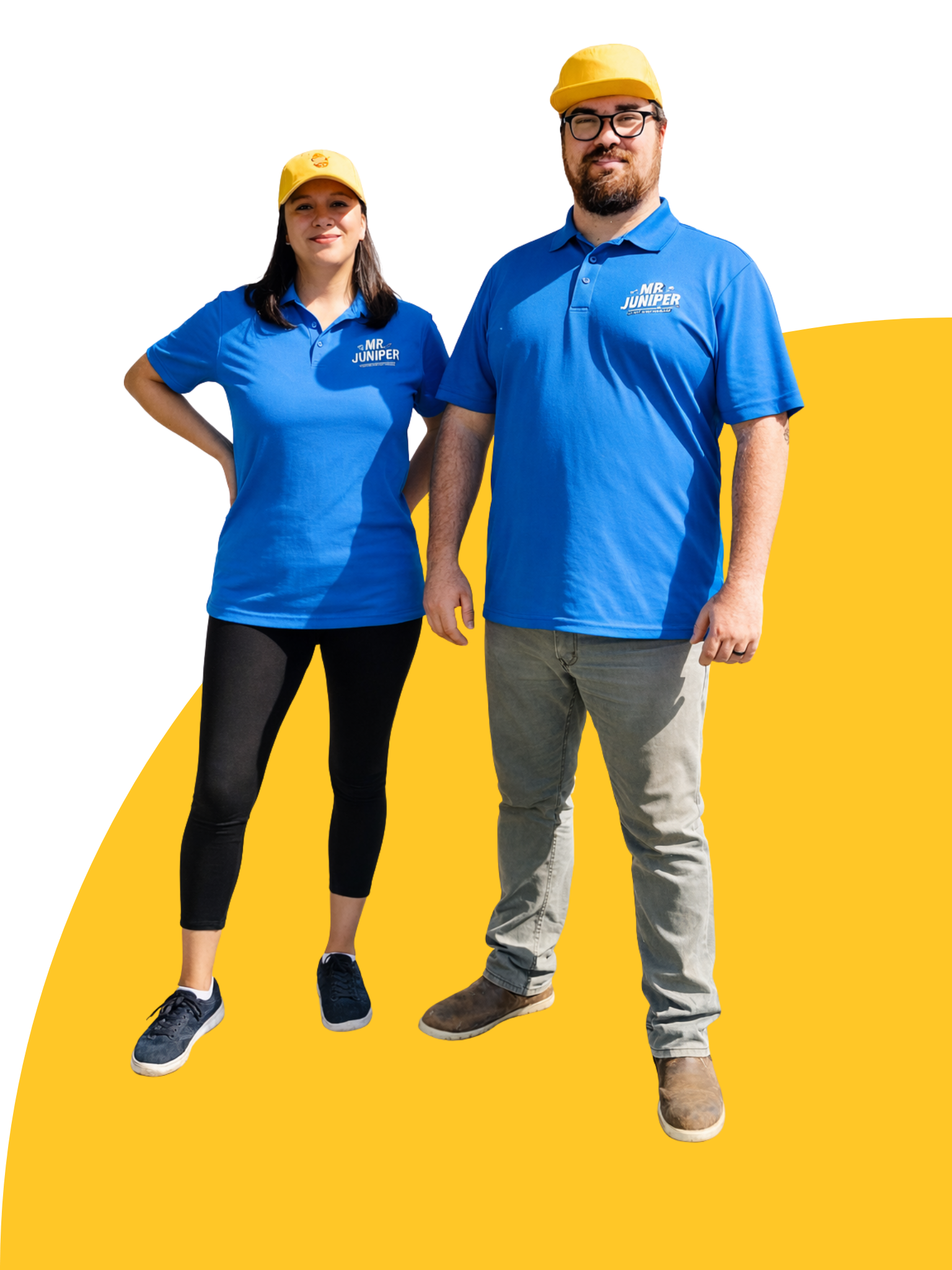 Two workers standing on a yellow background wearing blue shirts with 'Mr. Juniper' logos and yellow hard hats.