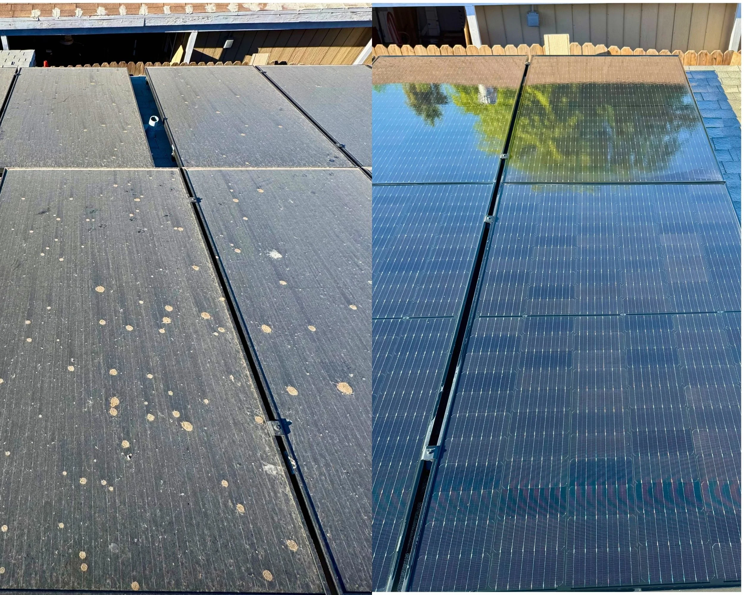 Comparison of a roof with old, dirty solar panels on the left and newly cleaned, shiny solar panels on the right.