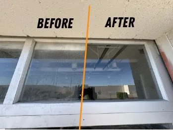 Comparison of a window before and after cleaning, with the left side showing a dusty, dirty window and the right side showing a clean, clear window.