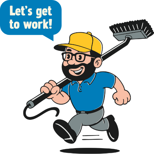 Cartoon man with beard, glasses, yellow cap, blue shirt, gray pants, holding a broom, running, with the text 'Let's get to work!' in the background.