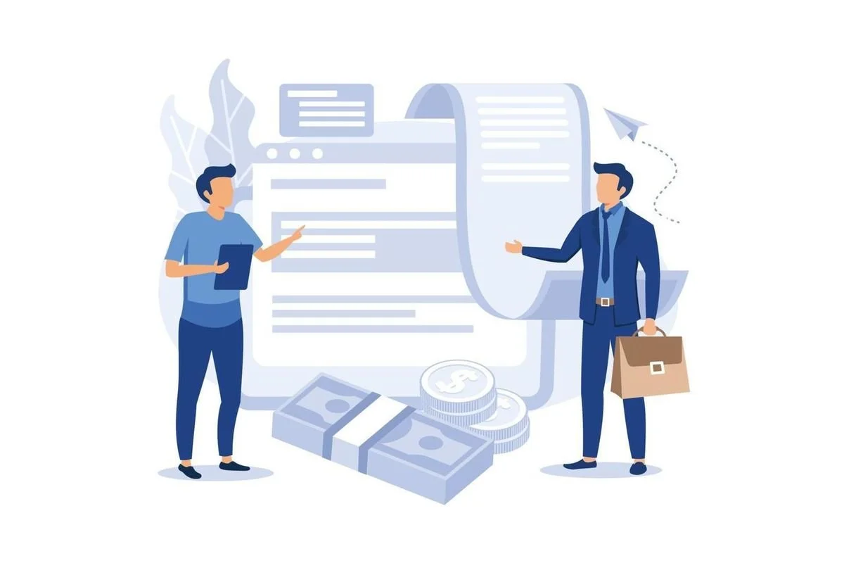 Two men are discussing financial documents, with a large receipt, stacks of dollar bills, coins, and a computer screen in the background.