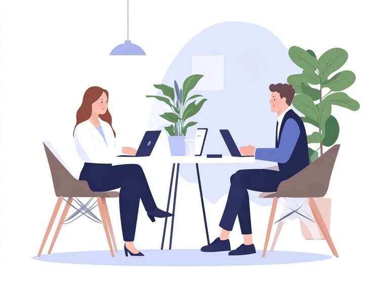 Illustration of two professionals sitting at a table in an office, engaged in a meeting, with laptops and plants in the background.