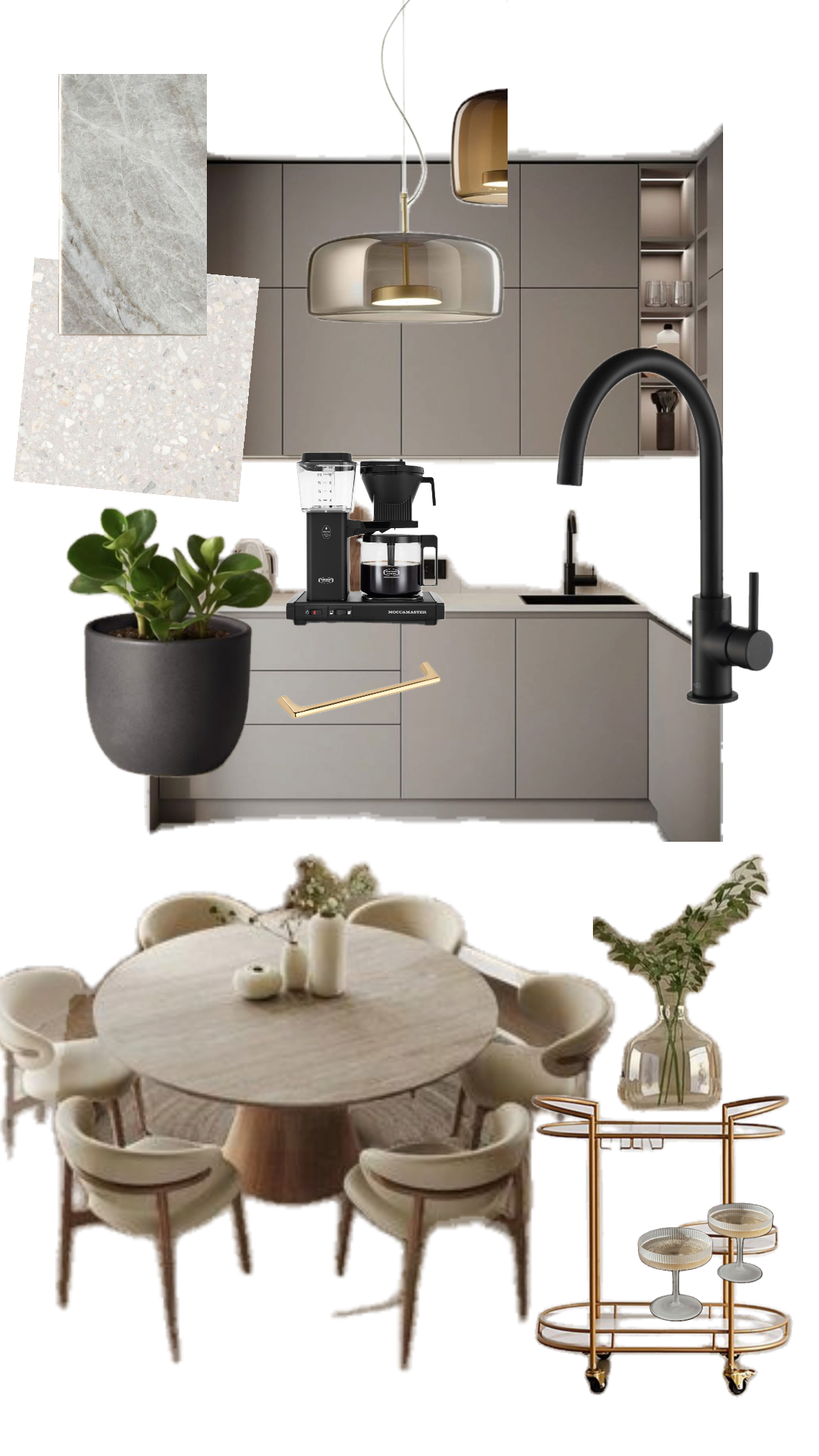 A modern kitchen with gray cabinetry, black faucet and sink, coffee machine, and a potted plant. A dining area with a round wooden table, beige chairs, and a decorative bar cart with glassware and greenery.