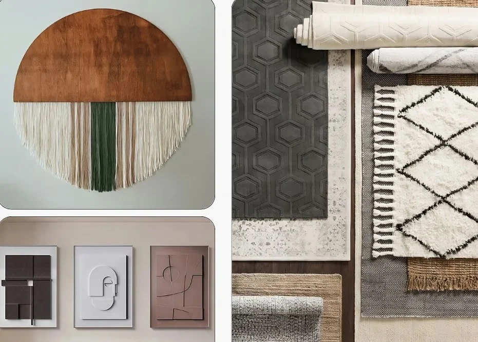 A collage of interior decor items including a round wall hanging with wood top and string fringe, a collection of rolled-up patterned rugs, and a set of three abstract framed art pieces on a wall.