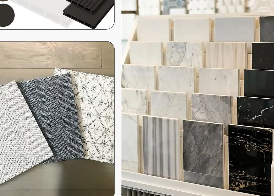 Display of various marble and tile samples, including white, black, and gray patterns, on a store shelf.