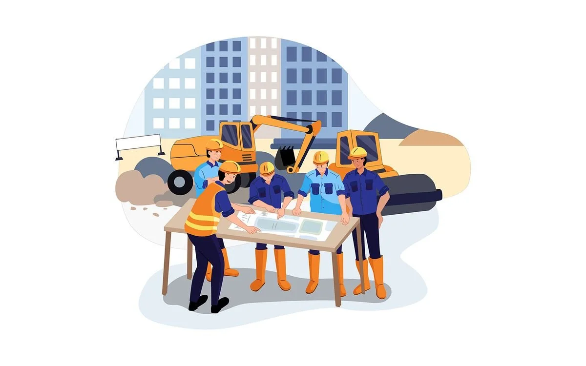 Construction workers at a site examining blueprints with machinery and buildings in the background.