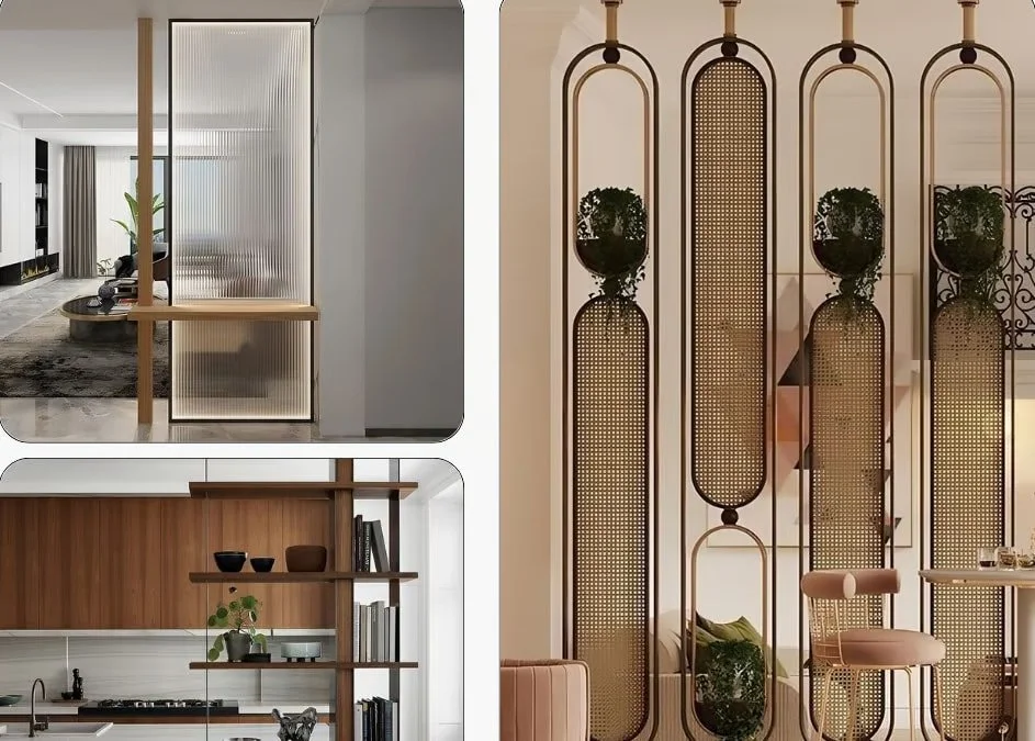 Interior of a modern living space, featuring a living room with a TV and seating area, a kitchen with open shelving, and a decorative wall partition with plants and gold accents.