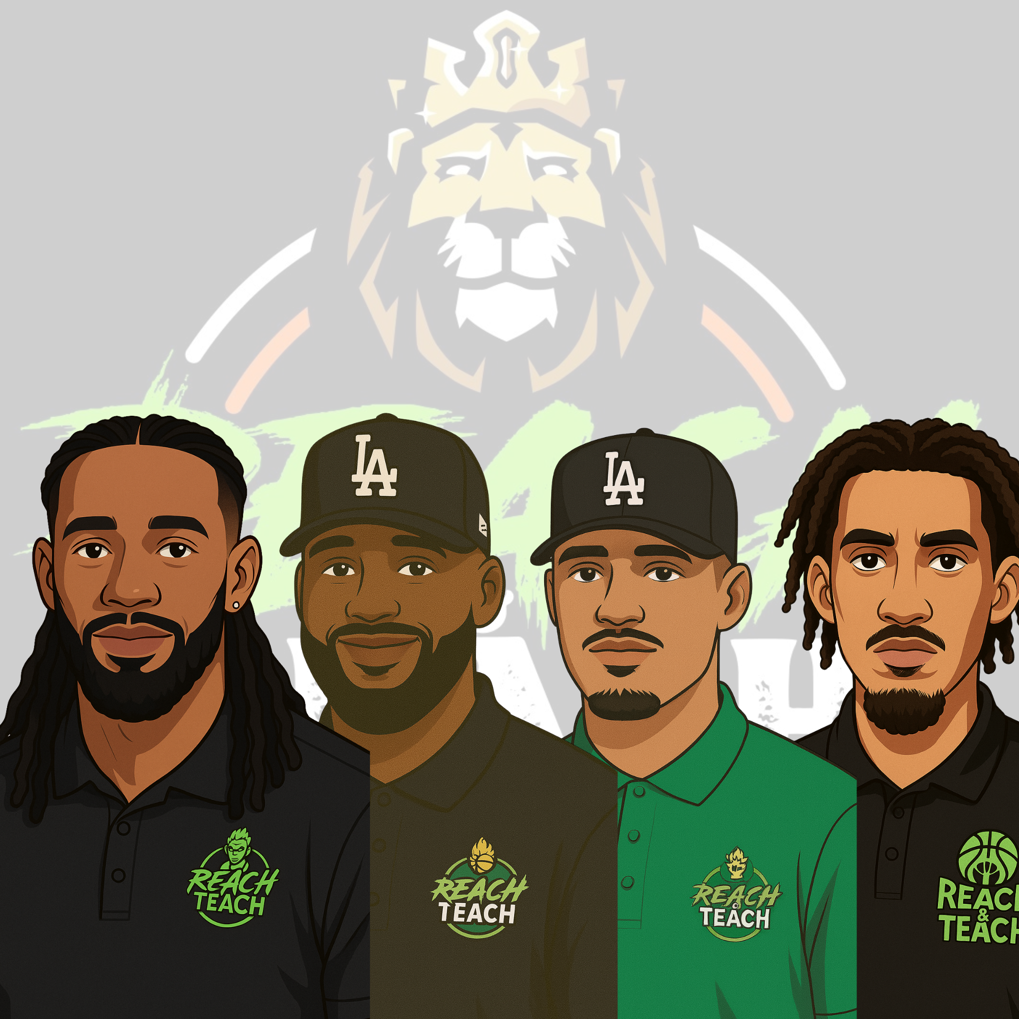 Illustration of four men with diverse hairstyles and beards, wearing polo shirts with 'REACH & TEACH' logo, standing in front of a faded lion mascot and logo.