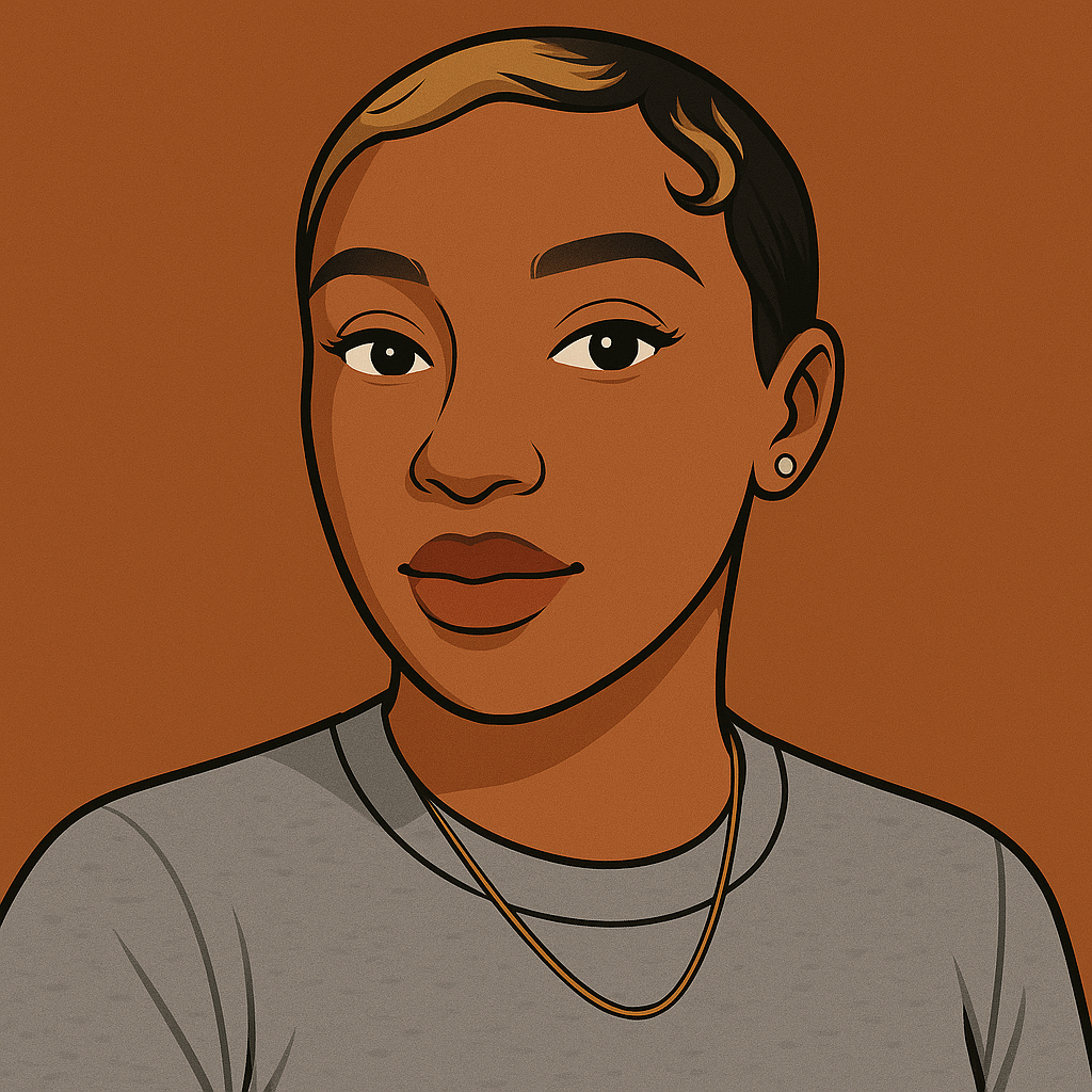 Digital illustration of a woman with short hair, wearing a gray top, gold necklace, and small earrings, against a brown background.