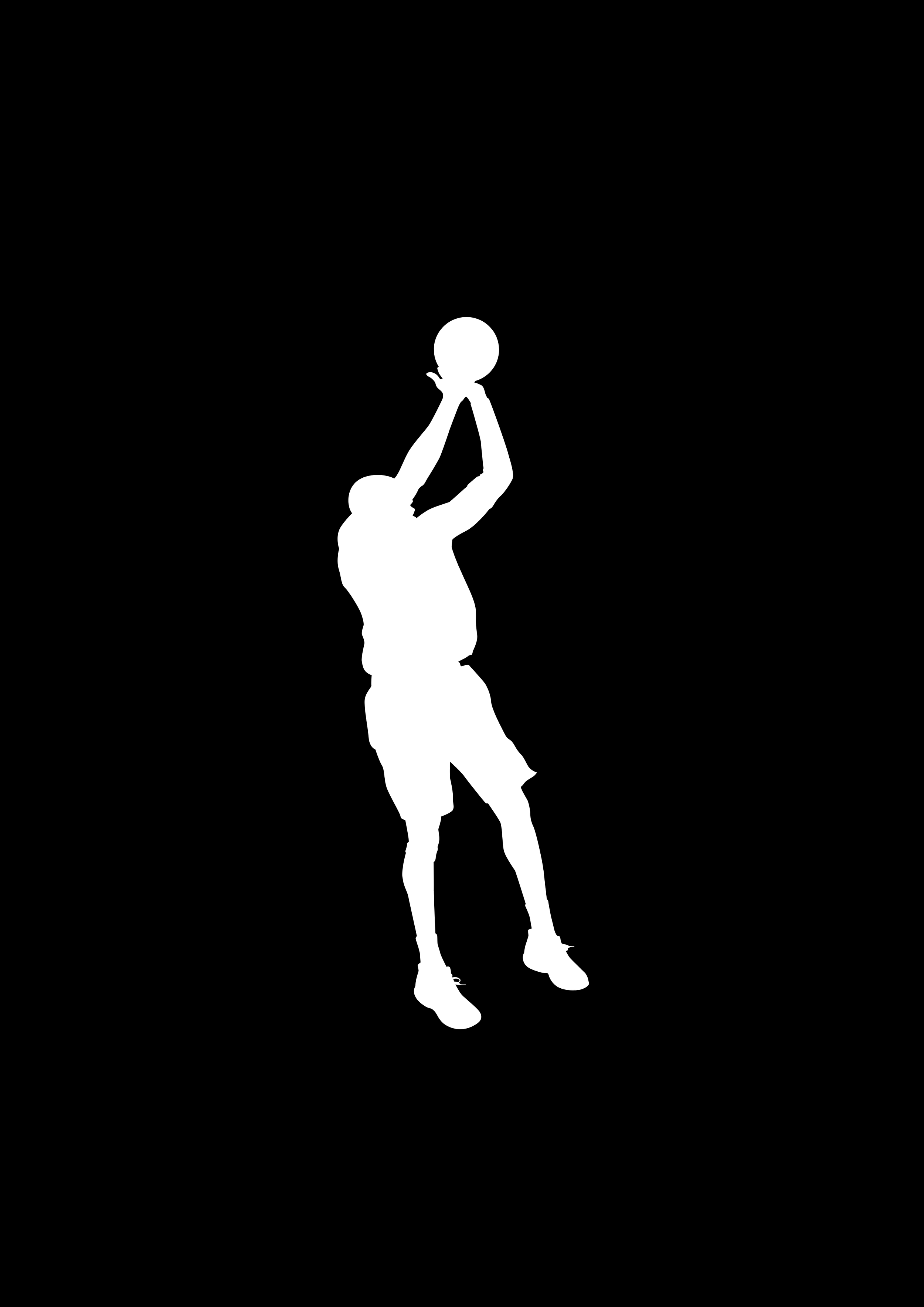 Silhouette of a basketball player jumping and shooting a basketball against a black background.