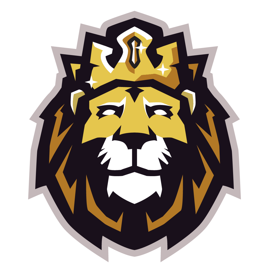 Graphic illustration of a lion's face with a golden crown on its head, set against a black background.