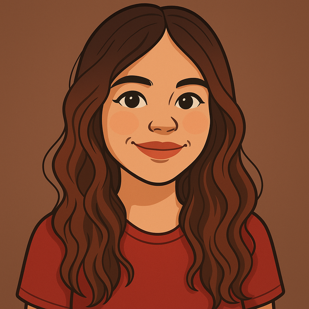 A digital illustration of a woman with long, wavy brown hair, wearing a red shirt and smiling against a brown background.
