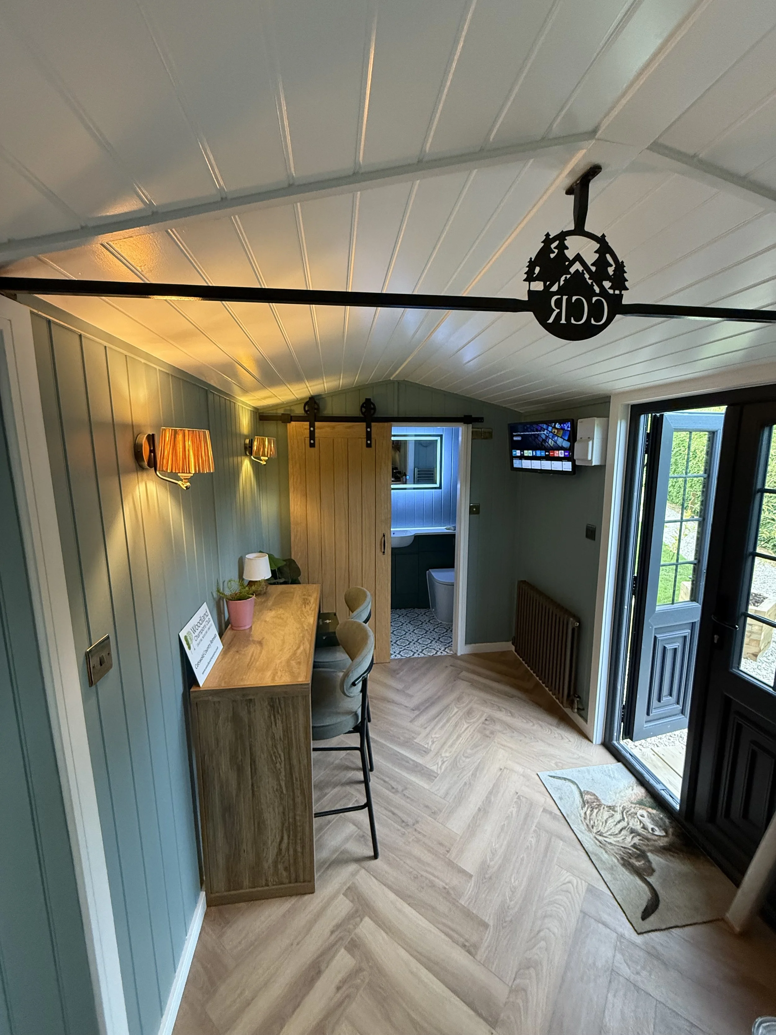 Interior of a cozy house with a wooden sliding barn door leading to a bathroom, light blue paneled walls, two wall-mounted lamps with orange shades, a desk with chairs and a potted plant, a television mounted on the wall, and a patterned cat rug at t