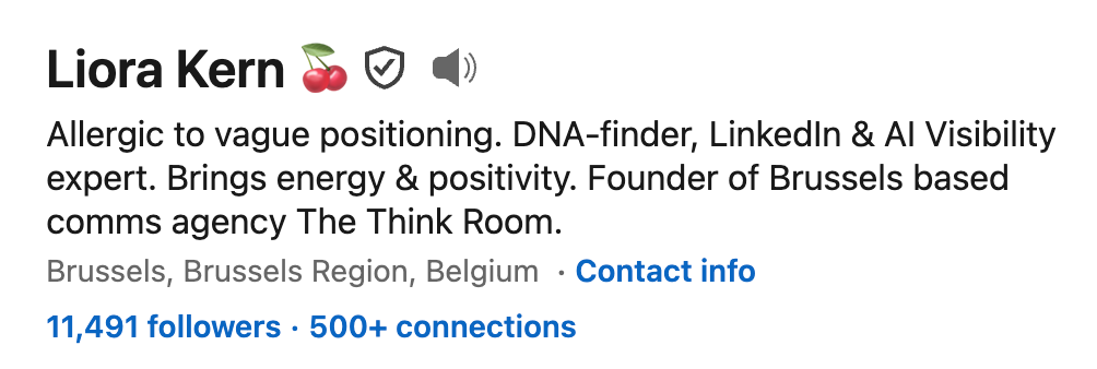 Liora Kern’s LinkedIn profile highlighting her expertise in personal positioning, LinkedIn and AI visibility, and her role as founder of The Think Room in Brussels.