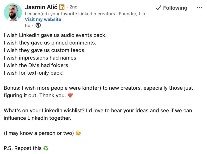 LinkedIn post by Jasmin Alić sharing a wishlist of LinkedIn features, including audio events, pinned comments, custom feeds, named impressions, DM folders and text-only posts, while encouraging kindness towards new creators.