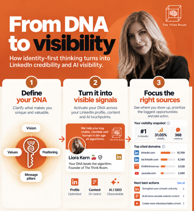 Image titled “From DNA to visibility” showing three steps: define your DNA by clarifying what makes you unique, turn it into visible signals across LinkedIn and other touchpoints, and focus on the right sources to improve AI visibility.