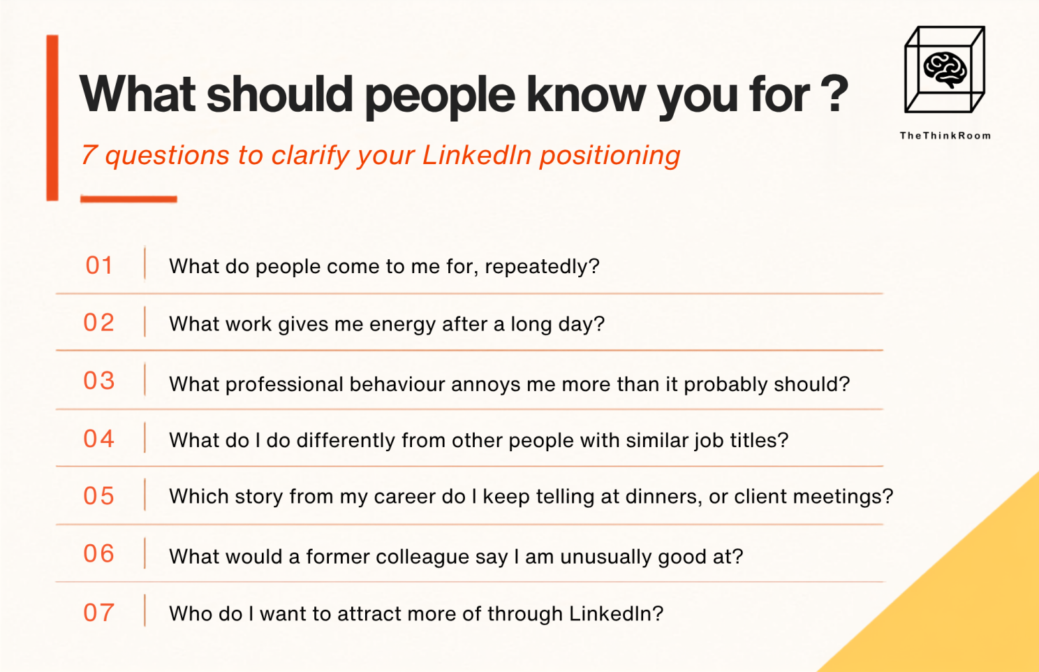 The Think Room infographic listing seven questions to help clarify LinkedIn personal positioning, from identifying your strengths and career stories to defining the audience you want to attract.