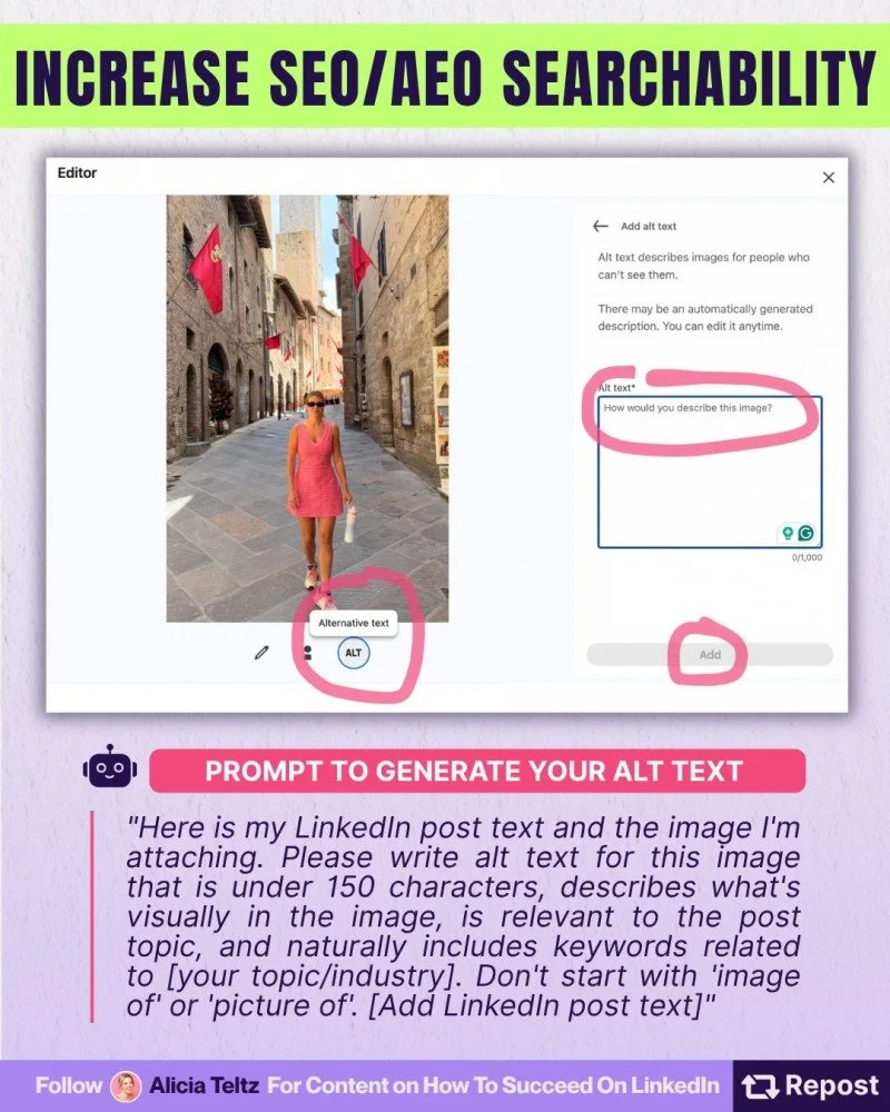 Infographic explaining how to add descriptive alt text to images to improve SEO and AI search visibility, with a prompt for generating relevant alt text under 150 characters.