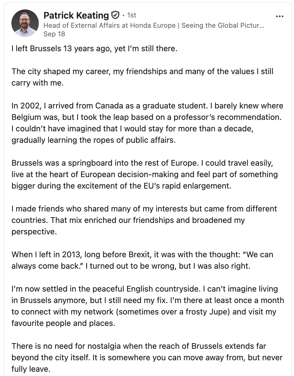LinkedIn post by Patrick Keating, Head of External Affairs at Honda Europe, reflecting on his time in Brussels