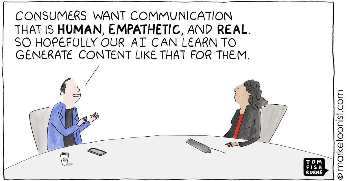 Cartoon showing two colleagues discussing how AI could create human, empathetic and authentic content that meets consumer expectations.