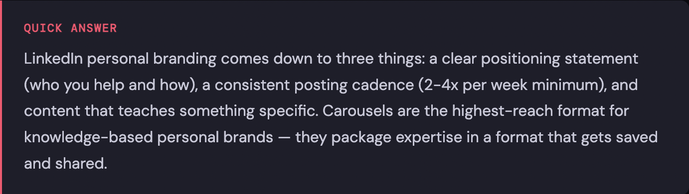 Alt text: Quick guide to LinkedIn personal branding, highlighting clear positioning, consistent posting two to four times a week, and educational carousel content that earns saves and shares.