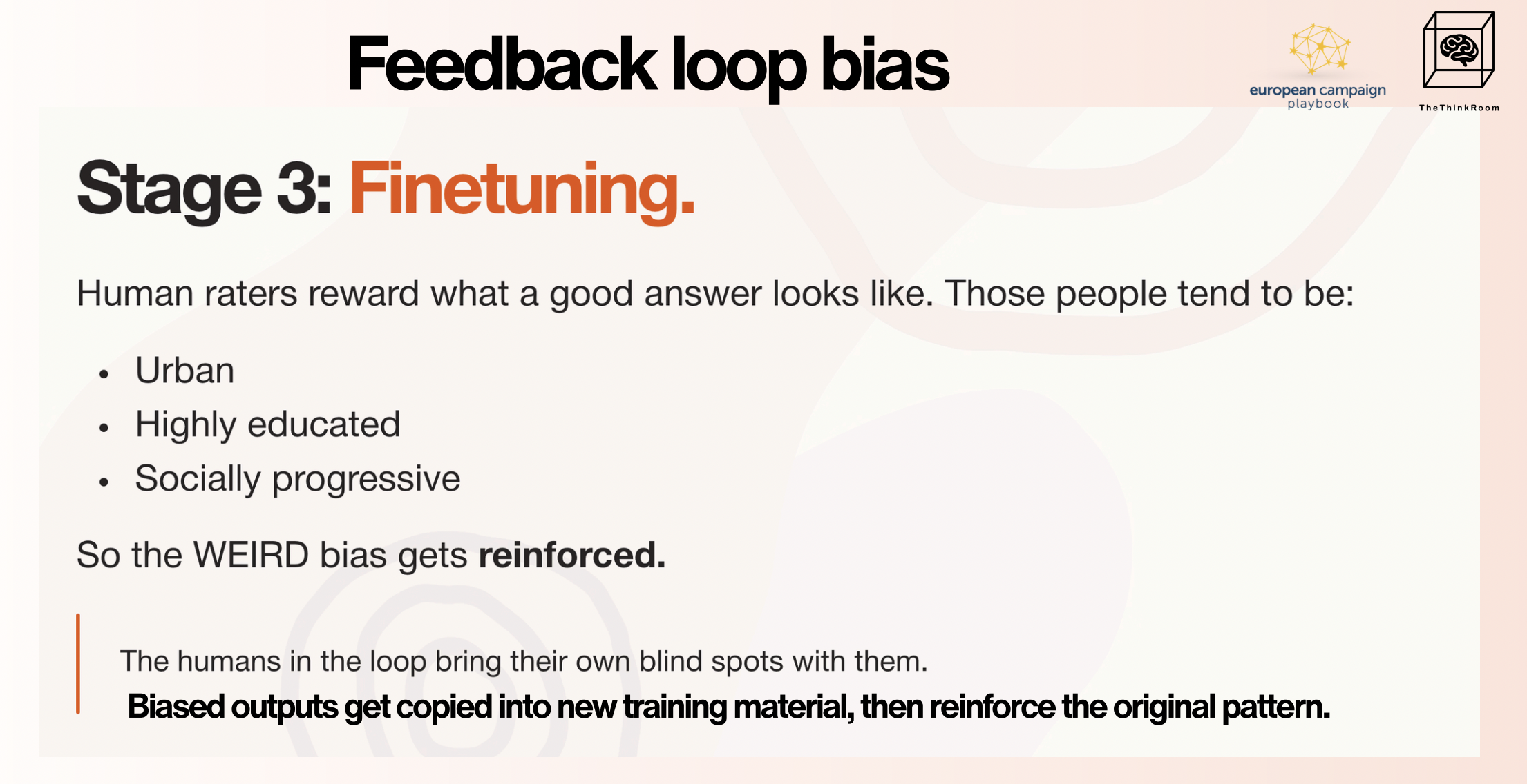 The Think Room infographic explaining feedback loop bias in AI, showing how human raters’ preferences can reinforce WEIRD bias and cause biased outputs to be repeated in future training data.