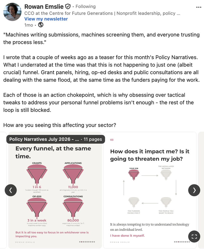 LinkedIn post by Rowan Emslie discussing how AI-generated submissions and automated screening are affecting grants, hiring, opinion pieces and public consultations, featuring a 11-page carousel titled “Policy Narratives July 2026.”