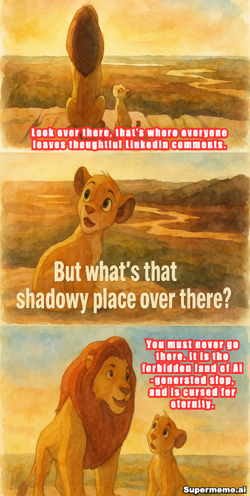Meme using a Lion King-style scene to joke about the “forbidden land” of AI-generated LinkedIn slop, where thoughtful comments supposedly live.