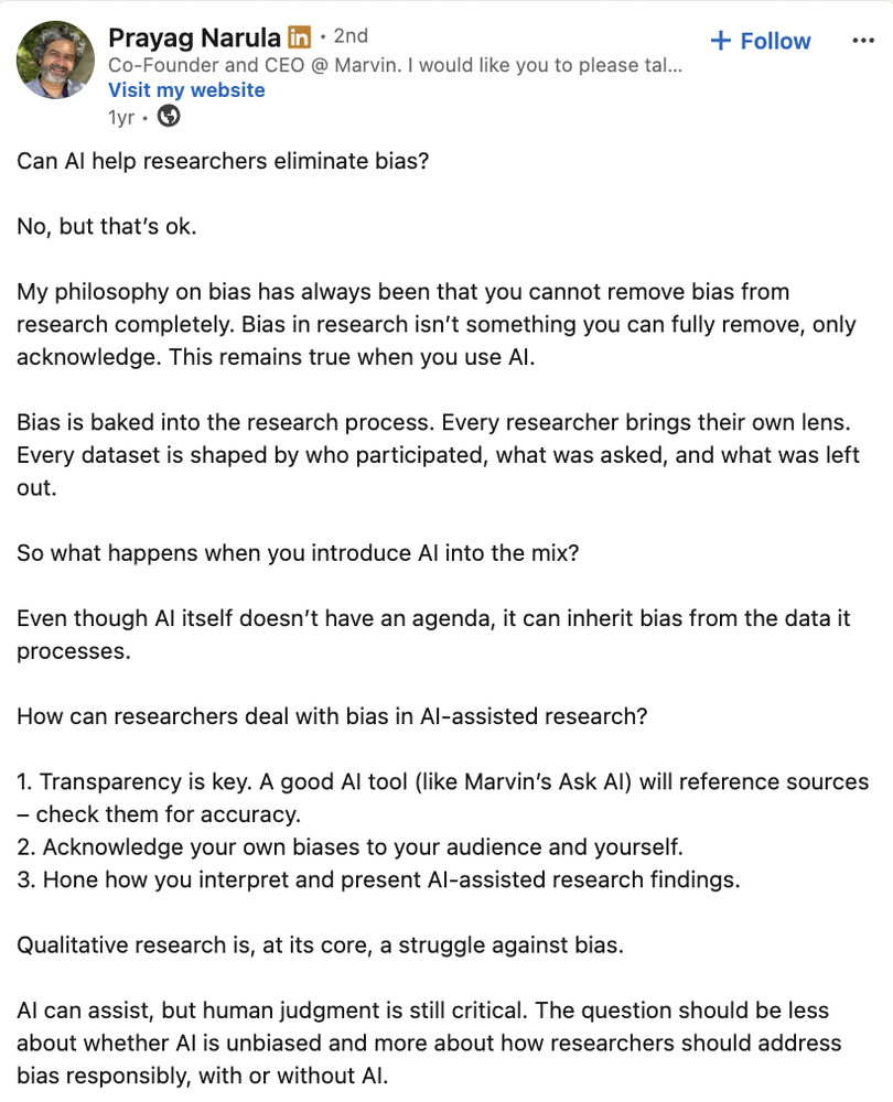 Image of Prayag Narula's linkedin post explaining that AI  cannot eliminate research bias completely.