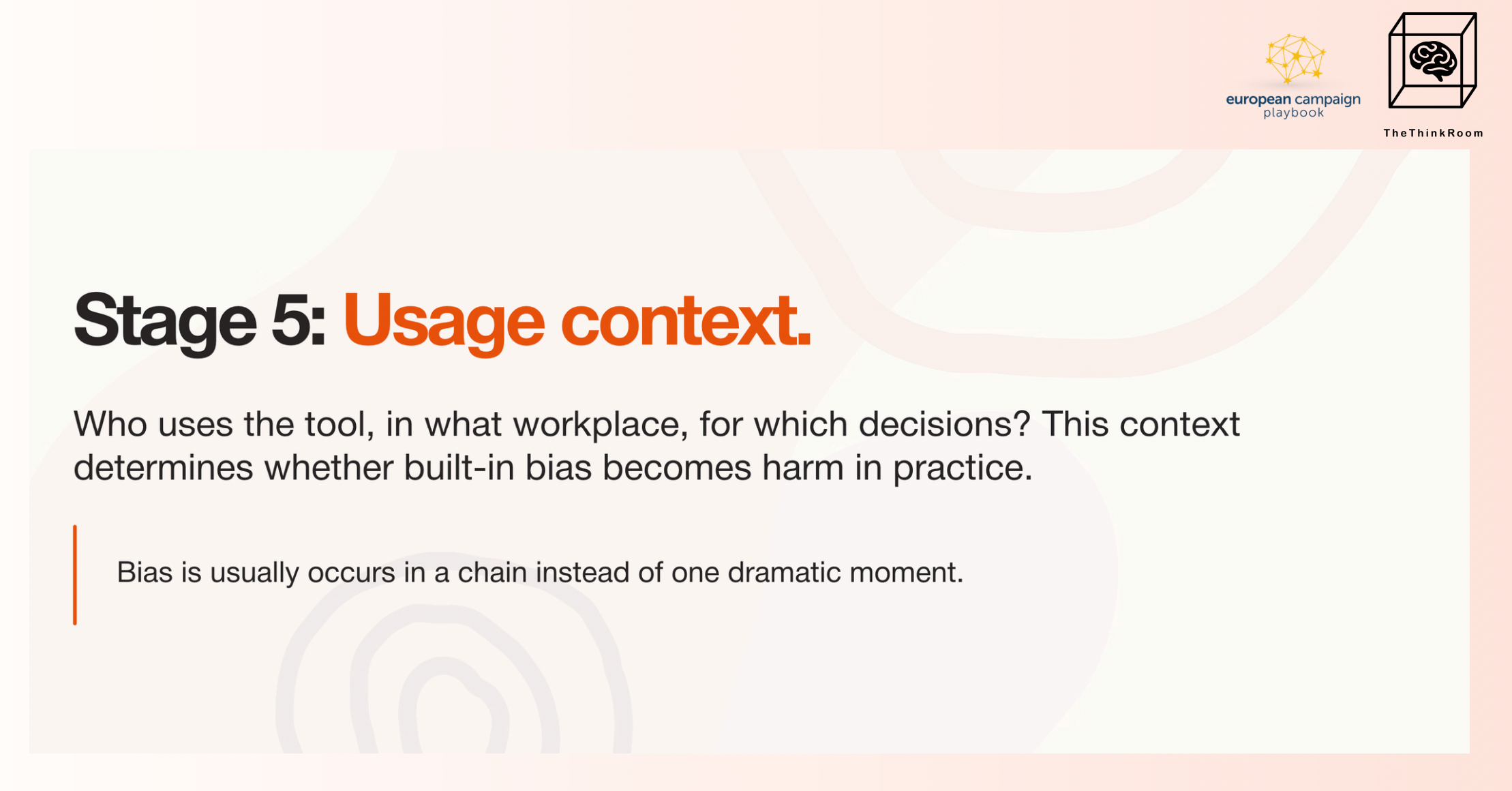 Room and European Campaign Playbook infographic explaining Stage 5 of AI bias: usage context. It highlights how users, workplace settings and decision-making determine whether built-in AI bias causes harm in practice.