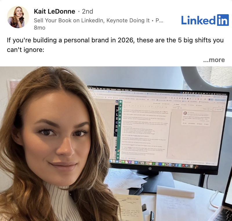 Screenshot of Kait LeDonne’s LinkedIn post outlining two personal branding shifts for 2026: growing B2B creator partnerships and the divide between AI-generated content and authentic human perspectives.