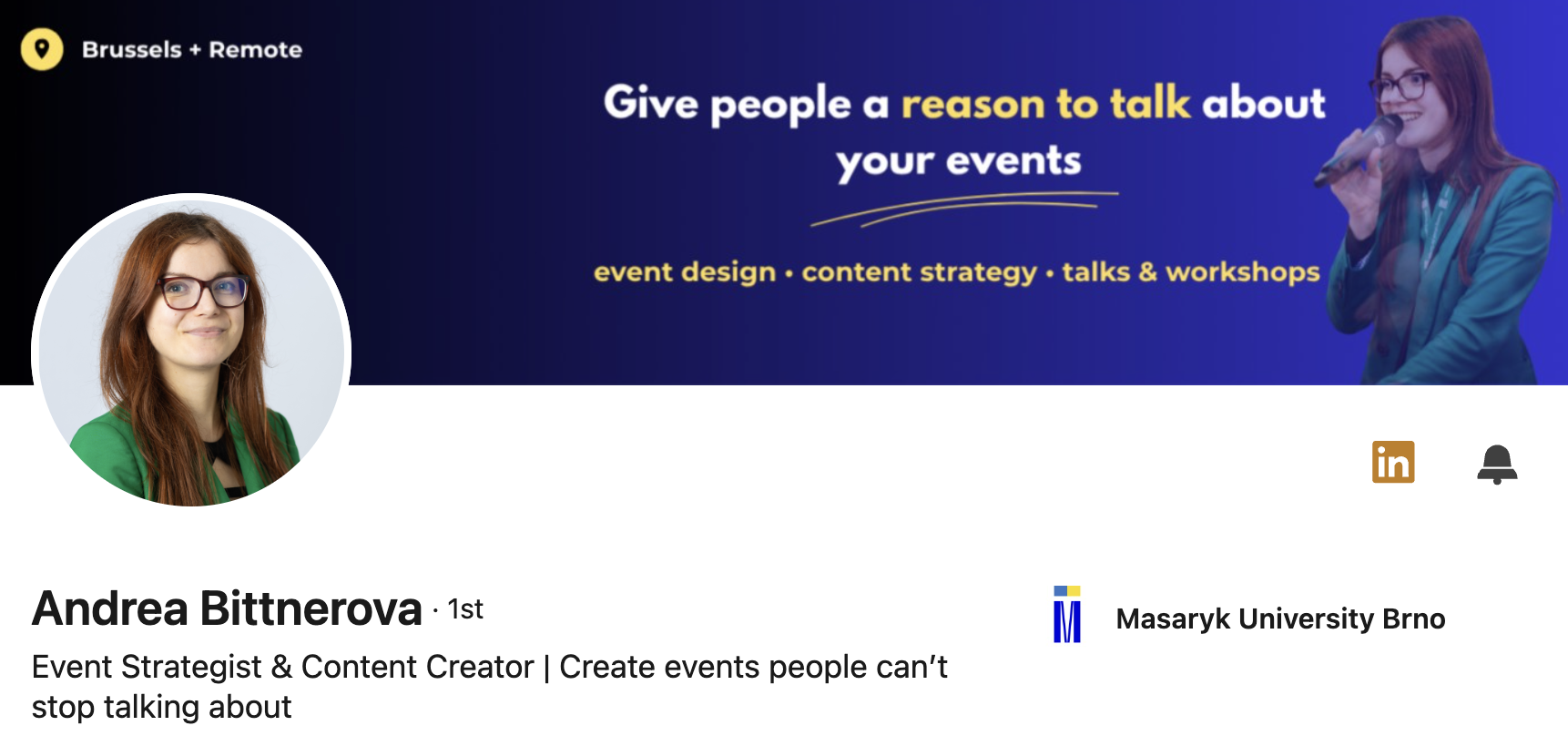 LinkedIn profile of Andrea Bittnerova featuring a blue banner promoting event design, content strategy, talks and workshops.