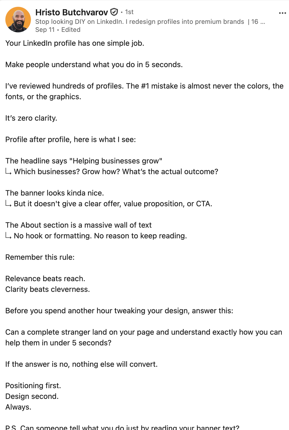 LinkedIn post by Hristo Butchvarov explaining common profile mistakes, including unclear headlines, banners without a clear offer and About sections with too much text. The post emphasizes clarity and positioning before design.