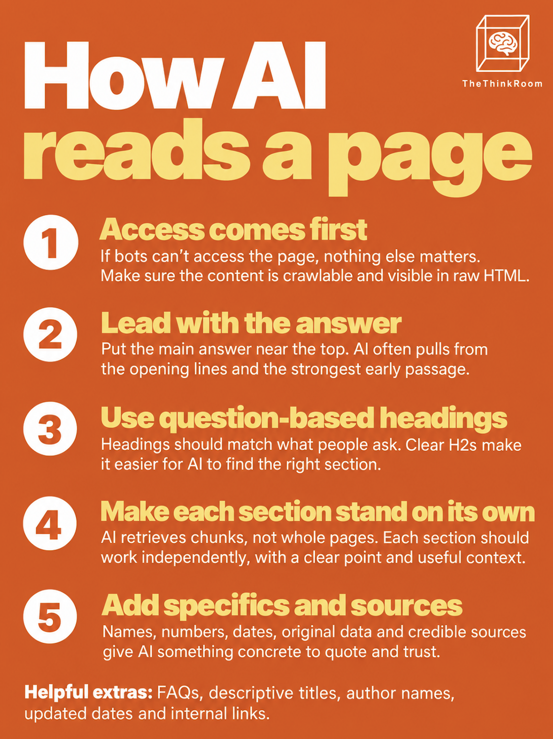 The think room infographic titled "How AI reads a page"  explaining 5 ways to make web content  easier for AI to understand.