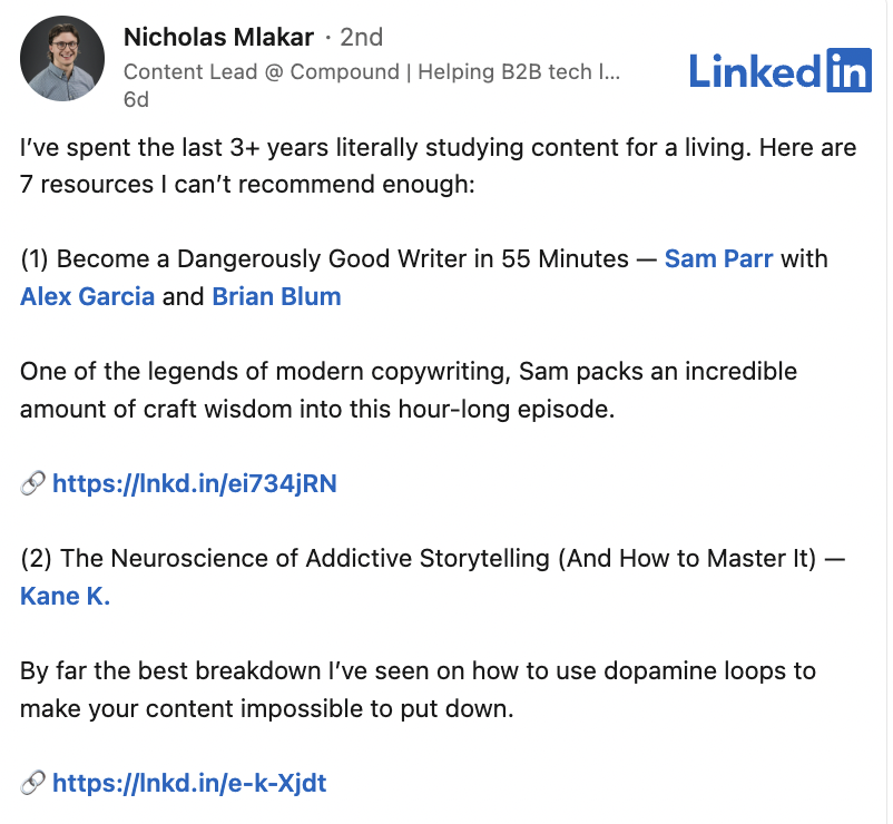 LinkedIn post by Nicholas Mlakar sharing seven recommended resources for content writers, including copywriting advice and a guide to addictive storytelling.