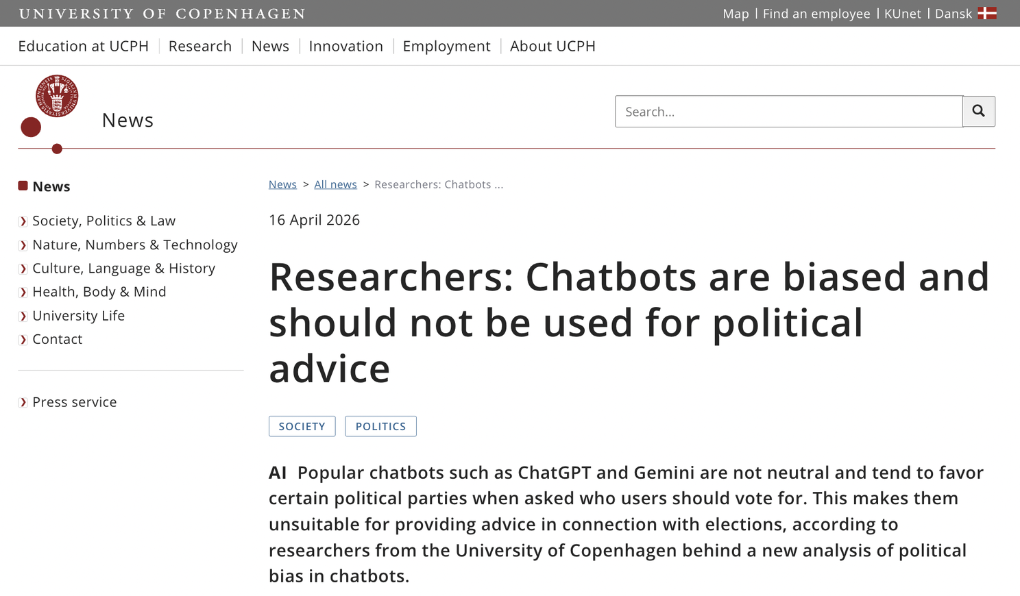 Image of a University of Copenhagen news article titled “Researchers: Chatbots are biased and should not be used for political advice,” reporting research on political bias in chatbots such as ChatGPT and Gemini.