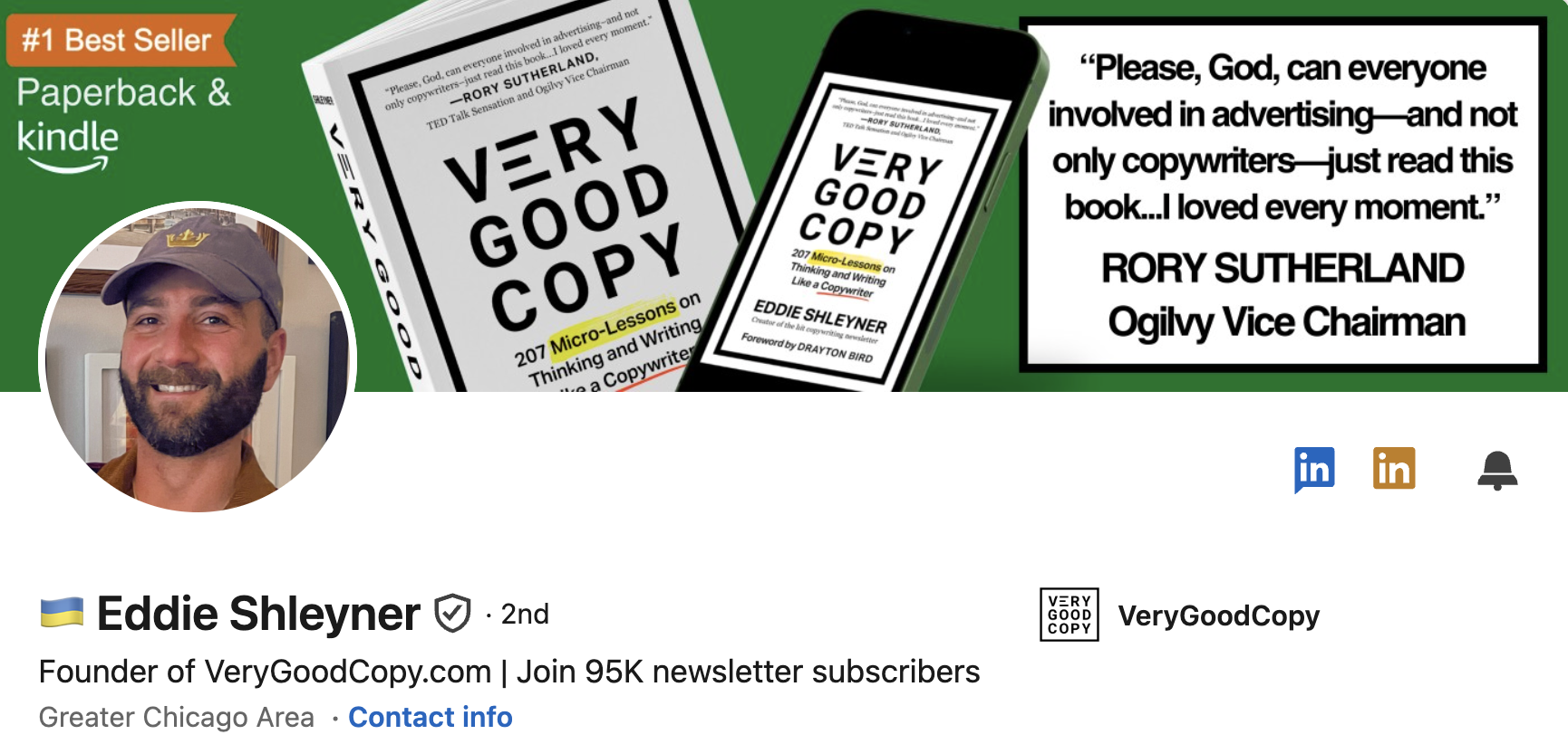 LinkedIn profile of Eddie Shleyner featuring his book Very Good Copy, a testimonial from Rory Sutherland and details about his copywriting newsletter.