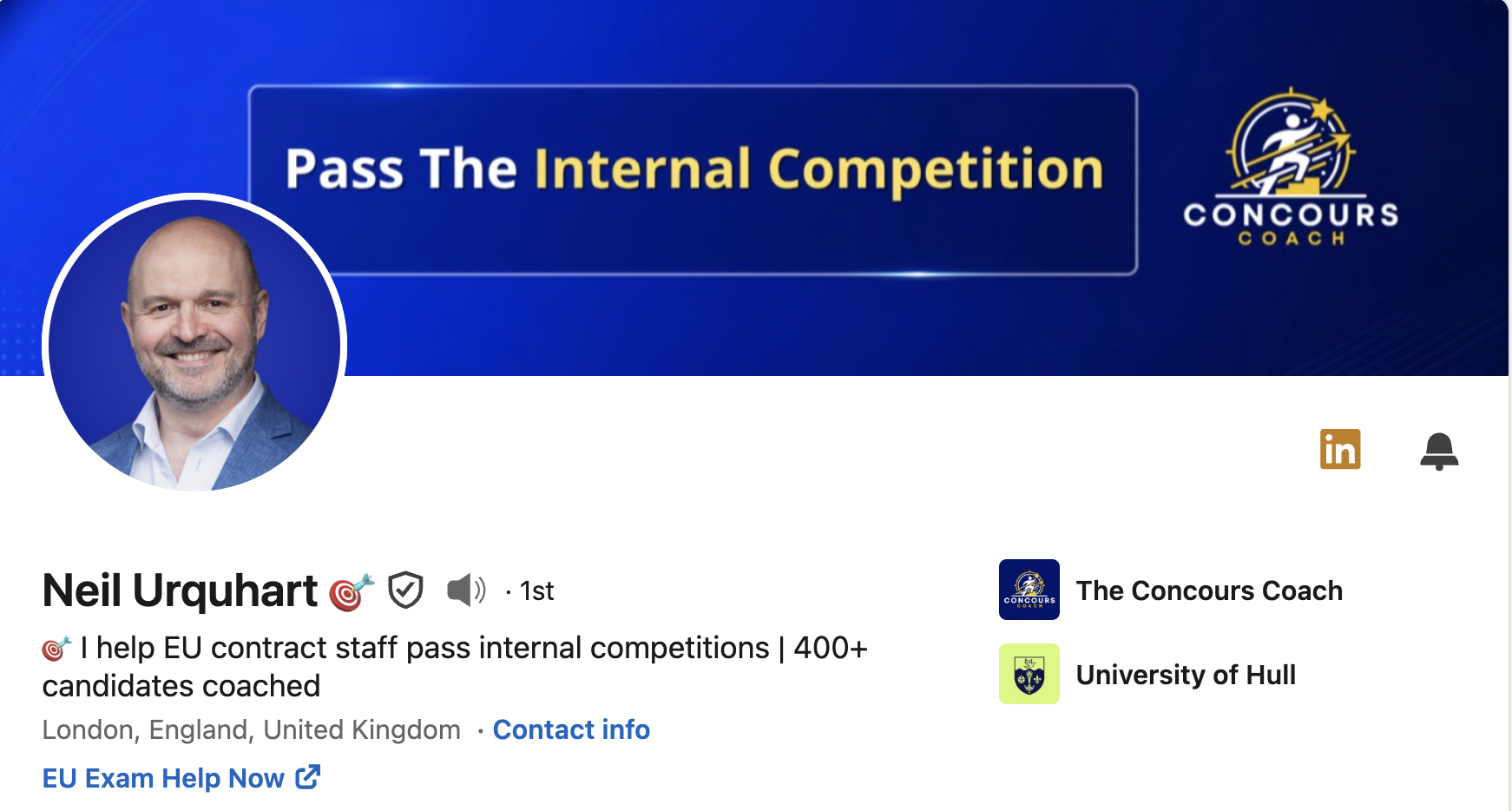 LinkedIn profile of Neil Urquhart featuring a blue “Pass the Internal Competition” banner for The Concours Coach, with details about his coaching work for EU contract staff.