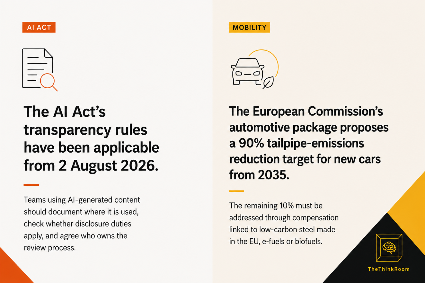 Infographic highlighting the AI Act’s transparency rules effective from 2 August 2026 and the EU automotive package’s proposed 90% tailpipe-emissions reduction target for new cars by 2035.