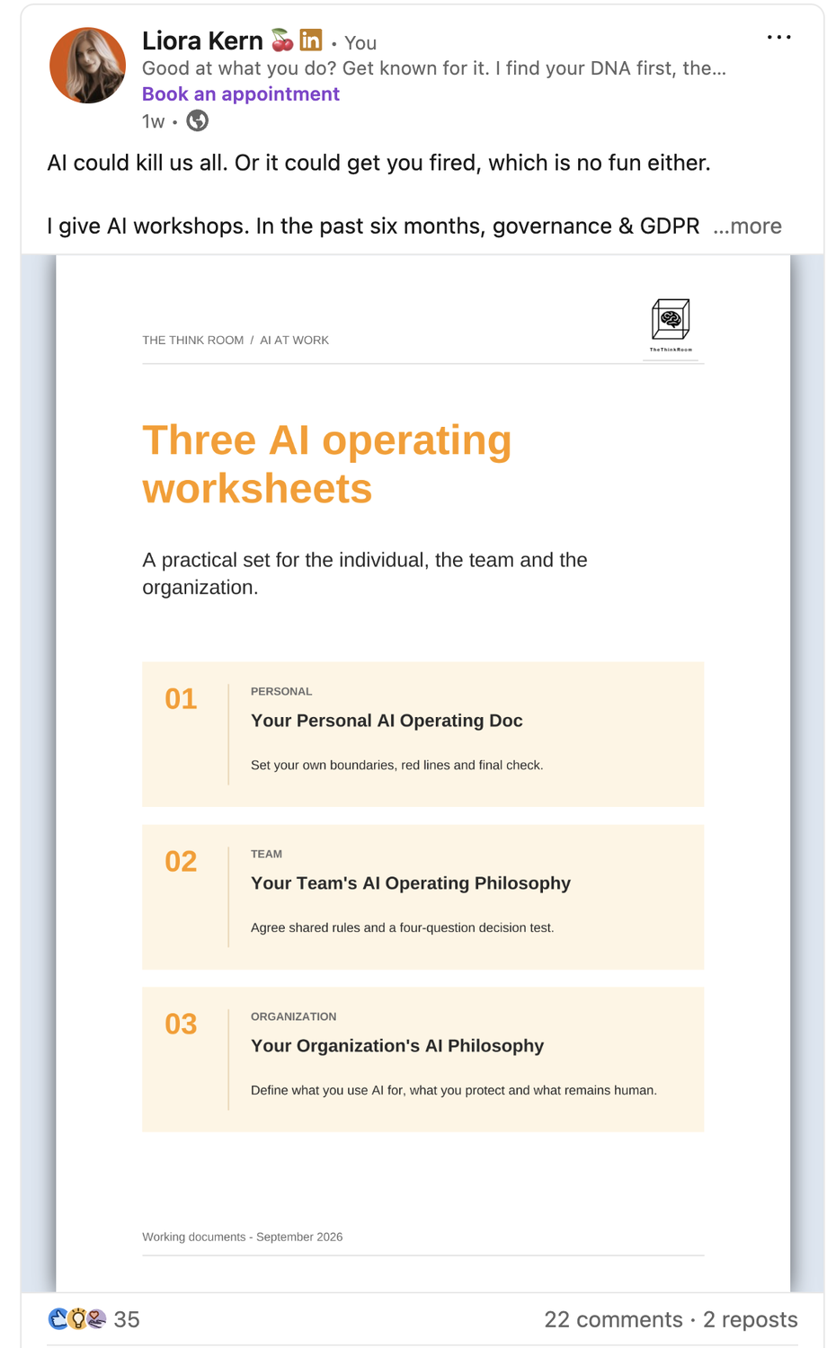 LinkedIn post by Liora Kern sharing three AI operating worksheets for individuals, teams and organisations, covering personal AI boundaries, shared team rules and an organisation-wide AI philosophy..