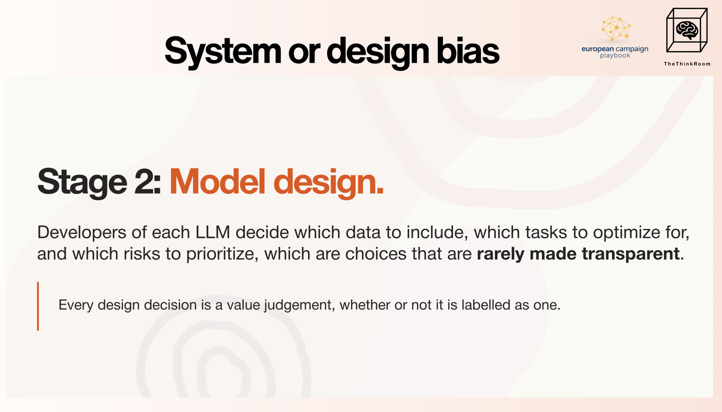 The Think Room infographic explaining system or design bias in AI, highlighting how developers’ choices about training data, optimization goals and risk priorities reflect value judgements that are rarely transparent.