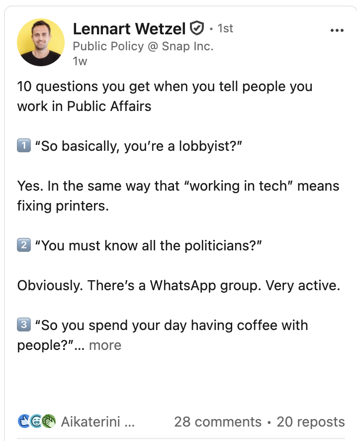 LinkedIn post by Lennart Wetzel about 10 common questions people ask when they learn he works in public affairs, using humour to highlight misconceptions about the profession.