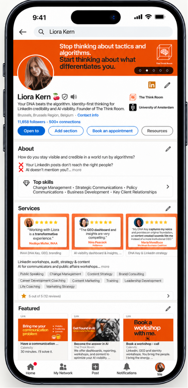 Mobile view of Liora Kern’s LinkedIn profile showing her branded banner, professional headline, services, testimonials and featured content.