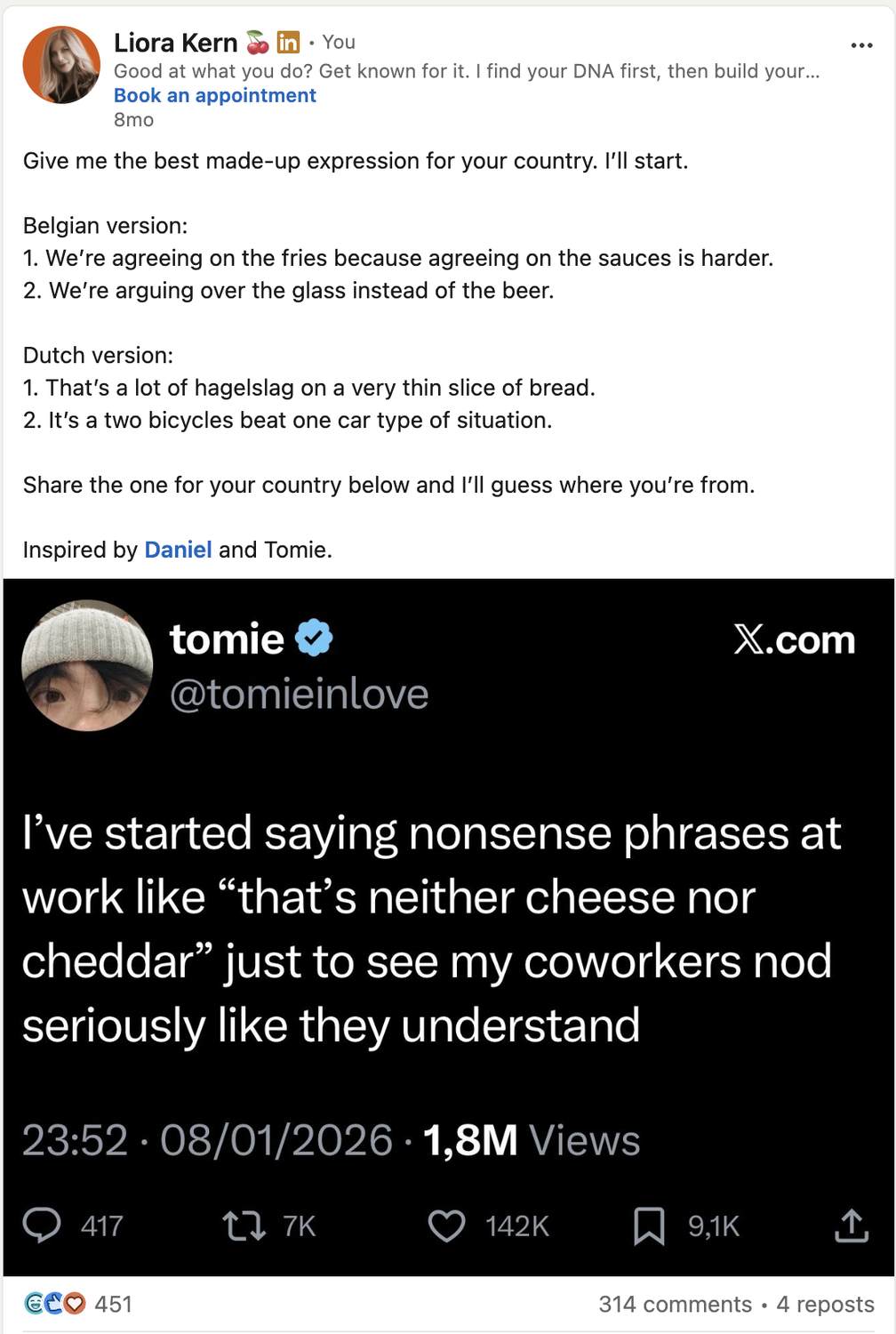 LinkedIn post by Liora Kern asking people to share funny made-up expressions for their countries, featuring Belgian and Dutch examples and a viral X post about saying “that’s neither cheese nor cheddar” at work.