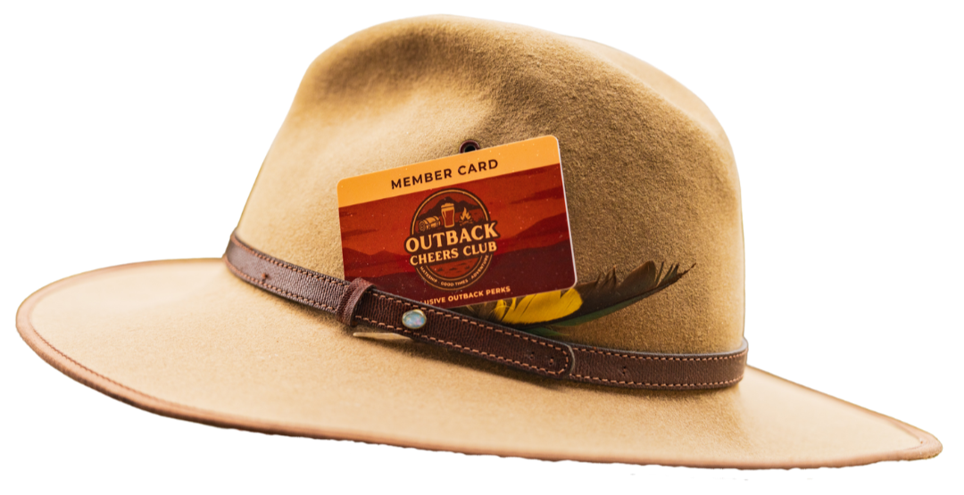 Beige cowboy hat with a brown band and a feather, featuring a red and orange Outback Cheers Club member card tucked into the band.
