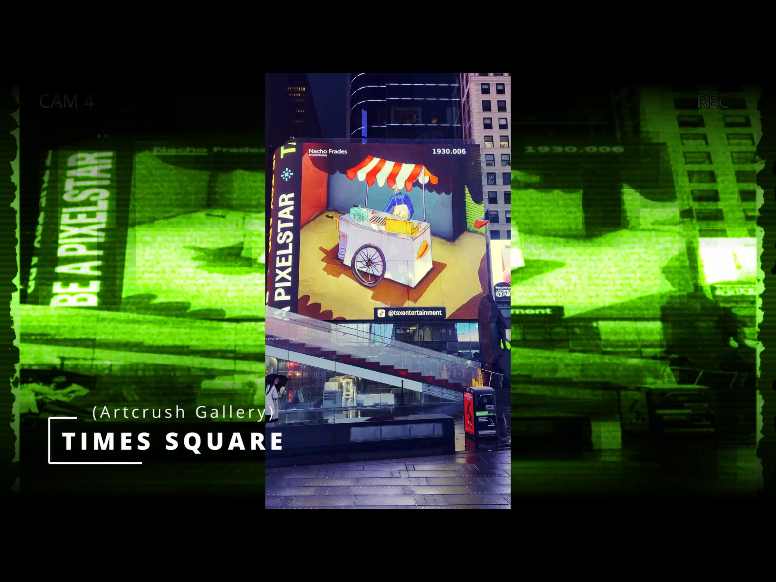 Times Square billboard highlighting PixelStar with an illustration of a street food cart.
