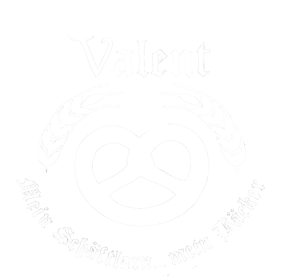 Das Bild zeigt ein Logo mit dem Namen 'Valent' und einem Spruch: 'Mein Schäftlarn... mein Bäcker'. Das Logo enthält eine Breze und zwei Ähren, alles in schwarzer und weißer Farbgestaltung.