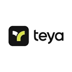 Teya logo with a black background, green and gray icon, and the text 'teya' in lowercase letters.